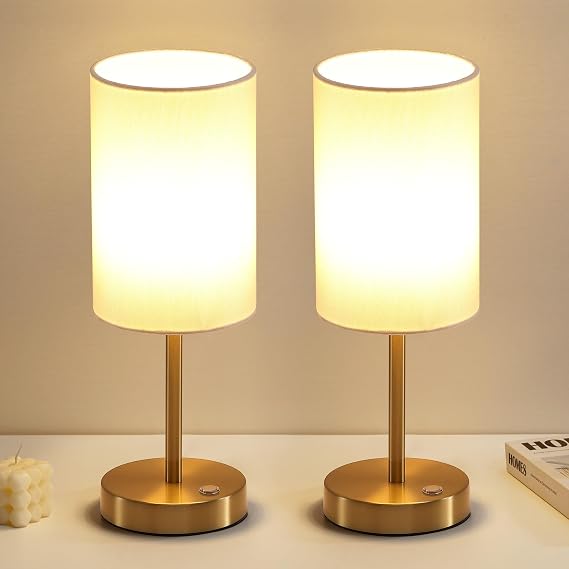 KDG Simple Cordless Table lamp, Portable Bedside 5000mAh LED Desk Lamp, 3 Brightness Levels Emergency Light, Linen Lampshade for Living Room, Bedroom, Dining Room, Night Light (Gold)
