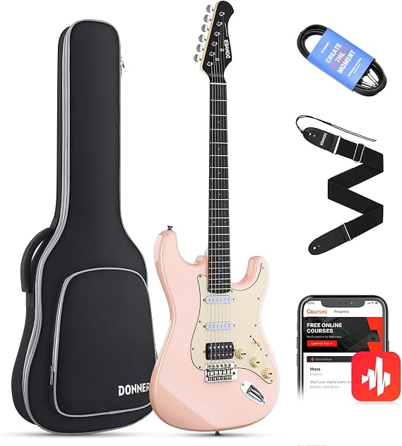 Donner 39 Inch Electric Guitar, Designer Series DST-200 Stylish Solid Body Electric Guitar for Beginner Intermediate & Pro Players, Single Coil Split System, Bag, Cable, Strap,Pink