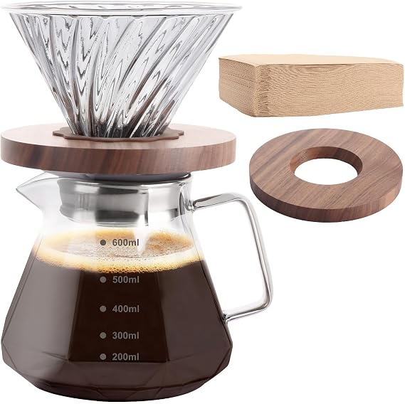 WOPPLXY Pour Over Coffee Maker, 600ml Borosilicate Glass Coffee Pot with 100pcs Size 02 Paper Filter, Walnut Handle Brew Drip Coffee Maker Carafe for Home, Restaurant, Café