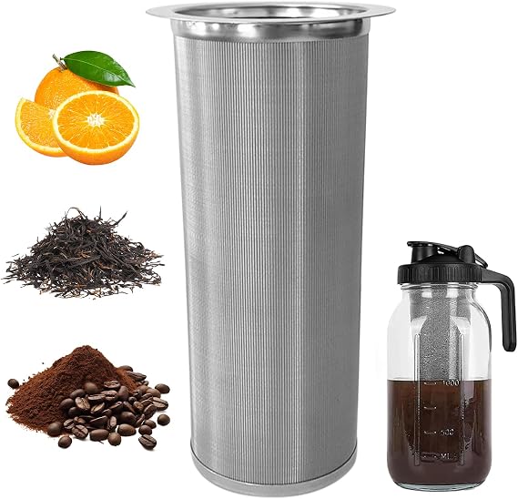 Cold Brew Coffee Filter for Wide Mouth Mason Jar,304 Stainless Steel Strainer for Iced Coffee Maker, Sun Tea and Cold Brew Coffee Maker (32oz Cylinder)
