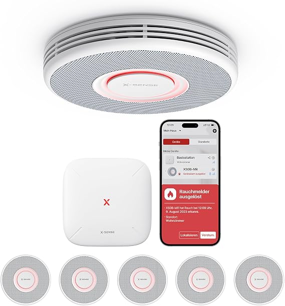 X-Sense XS0B-MR61 Smart Smoke Detector WLAN with Voice Output and 17 Locations Fire Detector Networked Smoke Detector 33 mm Fire Alarm with SBS50 Base Station XS0B-MR61