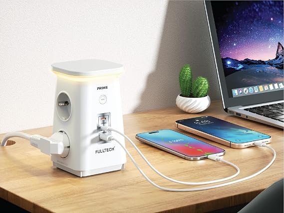 FULLTECH Akım Korumalı Masaüstü Priz, 4’lü Priz, 2x USB-C PD 20W + 1x USB-A QC 18W Hızlı Şarj, 600J Aşırı Gerilim Koruması, 3680W, LED Aydınlatma, 1.9 m Kablo Beyaz