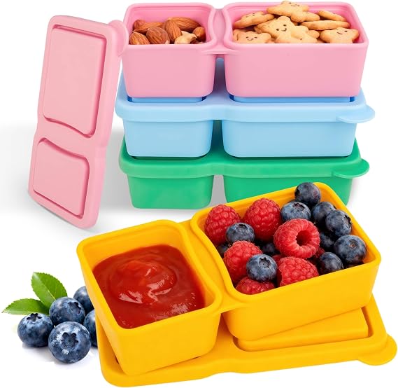 MACTANO 10 OZ Silicone Snack Containers with Lids, 4 Pack Reusable Double Compartment Snack Pack Containers for Travel