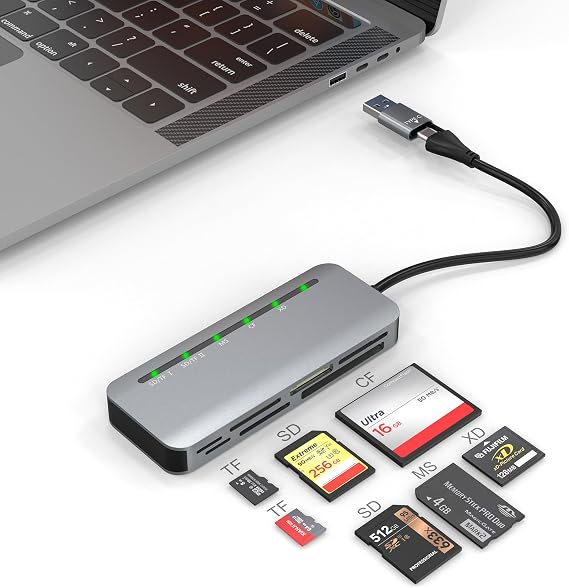 Memory Stick Pro Duo Adaptör USB C USB A, 7'si 2 Arada Kamera Kart Okuyucu SD SDXC SDHC/TF/CF/XD/Sony Memory Stick Pro Duo USB C USB3.0 Adaptörlü, 5 Gbps Çift Konnektörlü Aynı Anda 5 Kart Okuyun