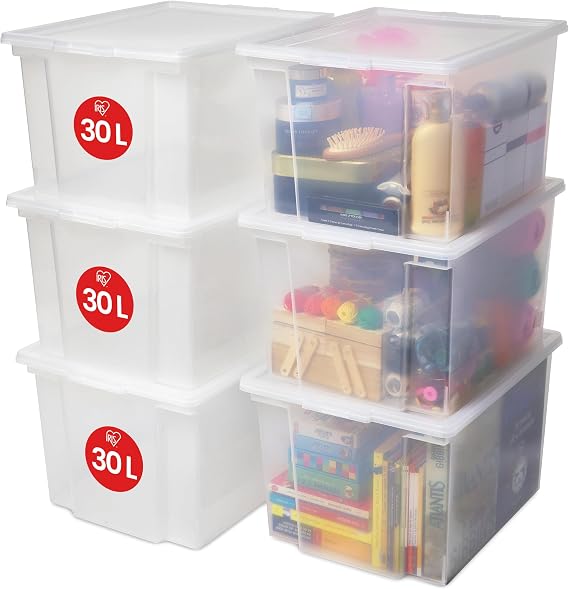 Iris Ohyama, 30L Plastic Storage Boxes with Lids, Pack of 6 Large Stackable Bins, BPA-Free, Laundry Room, Office, USB-M, Transparent - A42 x F35.5 cm