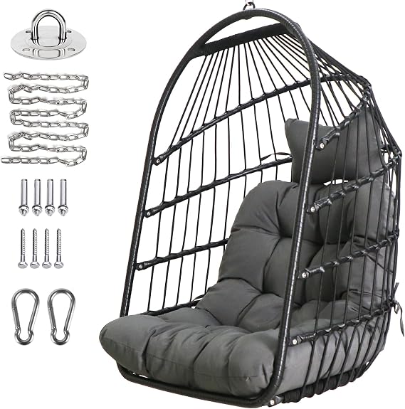 Chihee Egg Chair Foldable Wicker Rattan Hanging Chair Swing Chair Indoor Outdoor Patio Wicker Chair Hammock Chair with Stainless Steel Hanging Kit Chain Link UV Resistant Cushion Bedroom Balcony