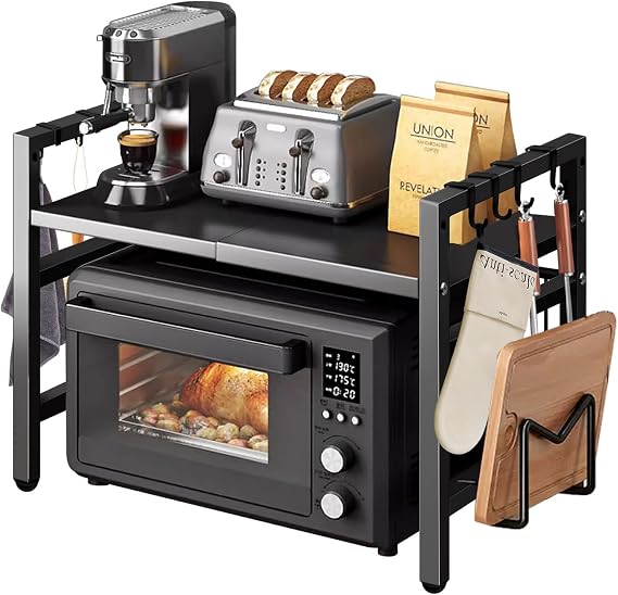 UBRAVOO Adjustable Microwave Oven Rack with Hooks, 100 kg Capacity, Space-Saving Kitchen Shelf with Storage Organizer (Black)