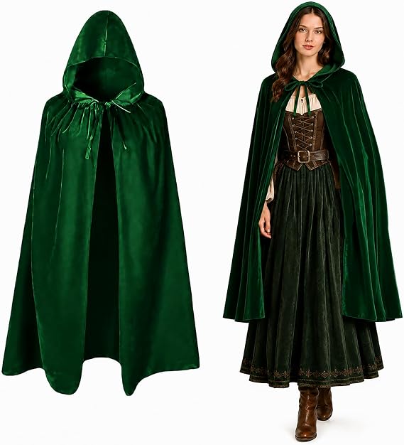 ALLY-MAGIC Green Cloak for Halloween, Medieval Cloak Green Velvet Cape, Fancy Dress Costume 90cm Hooded Cape Witch Cosplay Accessories for Cosplay and Themed Parties H21-JSRPF