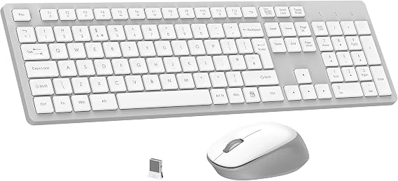 LeadsaiL Wireless Keyboard and Mouse Set, Full Size Ergonomic Design, UK Layout, Two-Tone Design, Noiseless Click, 12 Multimedia Shortcuts, Compatible with Windows/Mac PC Laptop - White and Grey