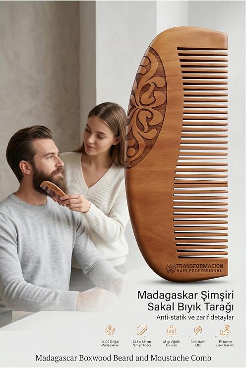 Transformacion Madagaskar Şimşir Sakal ve Bıyık Tarağı - Antistatik Ahşap Erkek Bakım Tarağı, Sakal Şekillendirici ve Yatıştırıcı El Yapımı Doğal Tarak 723305