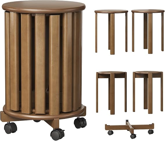 Round Stackable Stools Set of 4 Bamboo 4-in-1 Nesting Stools with Wheels Stacking End Tables for Kitchen Living Room Bar No Assembly Required,Walnut