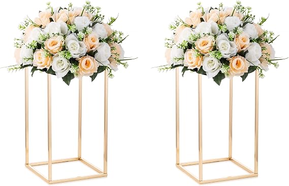 Column Vases Wedding Centerpieces for Tables - 2 Pcs Metal Flower Stand, Inweder Gold Tall Floor Vase, 15.75in Rectangular Geometric Flower Rack for Wedding Decorations, Party, Event, Home