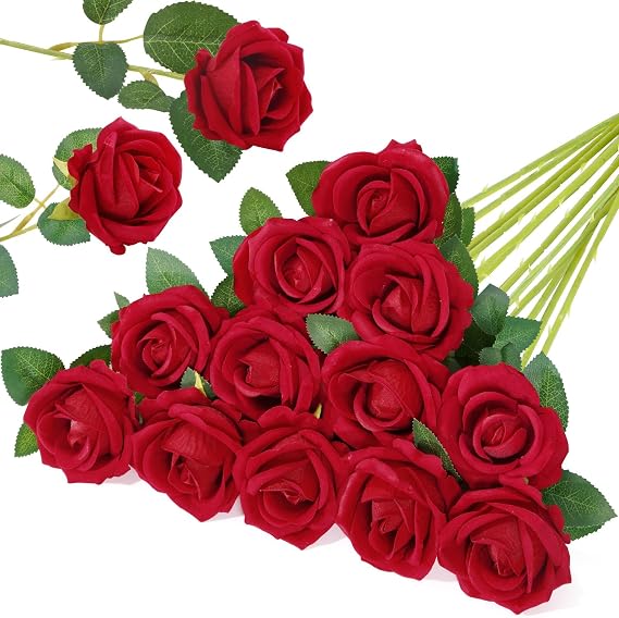 Lifewit 12 Pcs Red Artificial roses Flowers in Bulk, Fake Long Stem Silk Roses for DIY Wedding Bouquets, Centerpieces Arrangements, Valentine Decorations