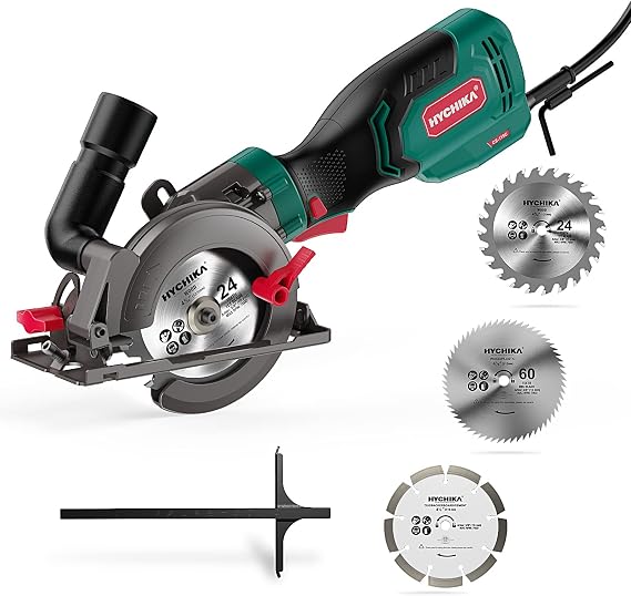 HYCHIKA Circular Saw, 750W 3500RPM with 3 Blades(115 and 125mm), Scale Ruler, Cutting Depth 48mm(90°), 32mm(45°), Compact Circular Saw for Plastic, Tile and Soft Metal