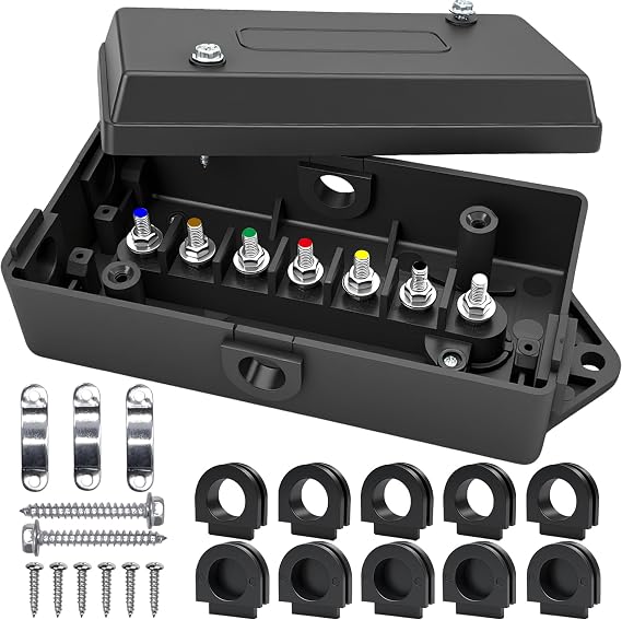 Waterproof 7 Way Trailer Junction Box 7 Gang Labeled terminals for RV | Clearly labeled terminals organize trailer wiring connections. protect electrical connections from moisture, dirt and debris.