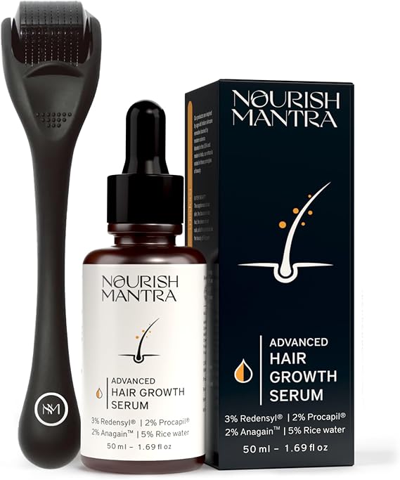 Nourish Mantra Derma Roller & Advanced Hair Growth Serum, 540 Stainless Steel Micro-Needles, Hair Growth Kit for Thicker & Fuller Hair, for Men & Women, 50 ml