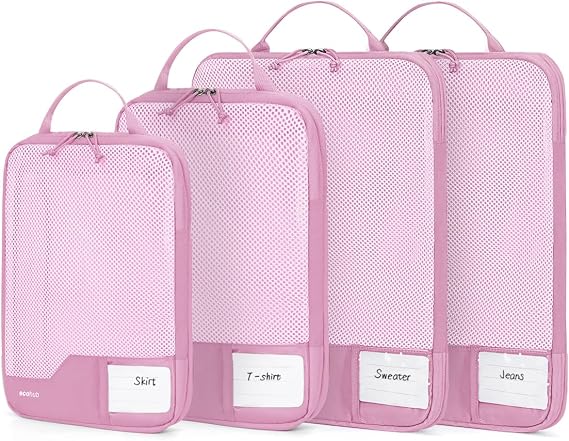 ECOHUB 4pcs Compression Packing Cubes, Suitcases Organiser Bag with Tag, Recycled Travel Bags Organiser for Backpack, Tear-resistant Packing Organiser for Carry On Luggage, Pink (Patent Pending)