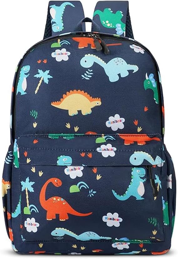 Aucuu Children's Backpack for 3-6 Years, Primary School Backpack, Dinosaur Pattern Preschool Bag, with Bottle Pocket, Ideal for Outdoors, School and Travel-Dark Blue