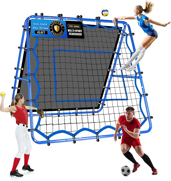 4 x 4フィート 両面サッカーリバウンダーネット 高速&低速リバウンドスピードトレーニング コントロール、合格練習、簡単なセットアップ 野球/ラクロス/バレーボールラウンダーギフト補助器具、子供、ティーン、大人向け