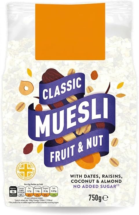 Classic Fruit & Nut Muesli 750g | No Added Sugar High-Fiber Breakfast Cereal | Wholesome Blend of British Oats, Crunchy Almonds, Coconut, Dates & Raisins | Healthy Morning Fuel