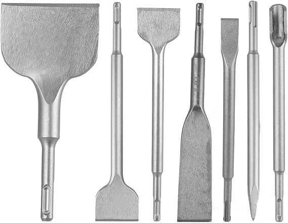AKOLAFE 7-Piece SDS Plus Chisel Set - Metal Tile Chisel Bending Chisel Wide Chisel Flat Chisel Pointed Chisel and U-Shaped Chisel for Tiles Concrete Stone Masonry