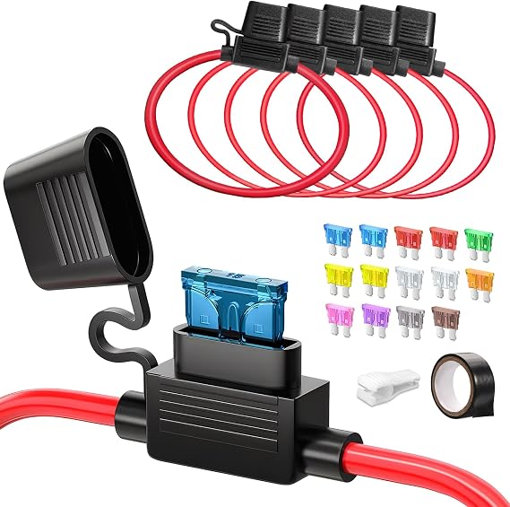 JOREST 5pcs 12(1)+16AWG(4) Waterproof Fuse Holder, 12V In-Line Fuse Holder for Car Truck Motorcycle+14pcs Standard Fuses (2A 3A 5A 7.5A 10A 15A 20A 25A 30A 35A)