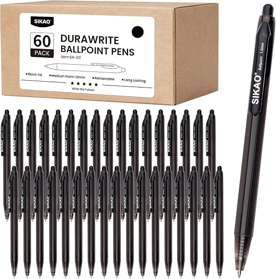 Black Pens | 60 Pack Durawrite Retractable Ballpoint Smooth Writing | Ball Point Click Pens Black Ink 1.0mm with Clear & Vivid Lines for Servers School Office Supplies, Lapiceros