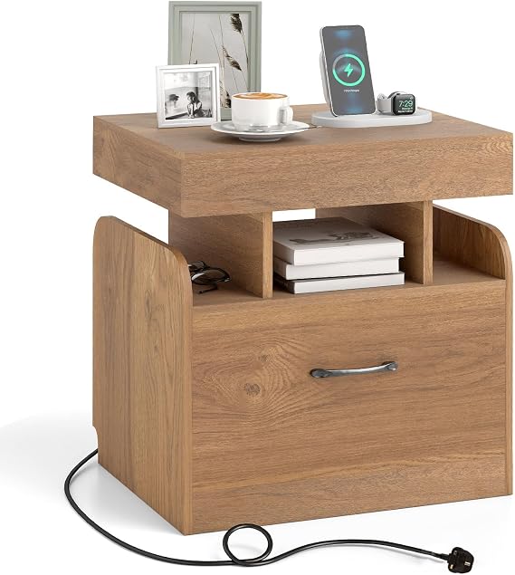 COSTWAY Bedside Table with Charging Station, Wooden Nightstand End Sofa Side Table with Drawer, Hidden Pull-Out Tray and Open Storage, Modern Bedside Cabinet for Living Room Bedroom (1, Natural)