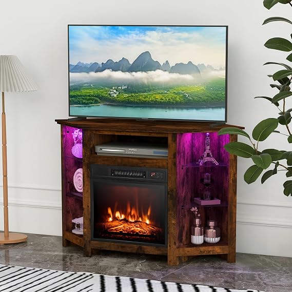 MAT EXPERT Electric Fireplace Corner TV Stand for TV Up to 50 Inch, Entertainment Center w/ 19 Inch Fireplace, 3 Brightness, 16-Color LED Lights & APP Control, TV Console with Fireplace (Rustic Brown)