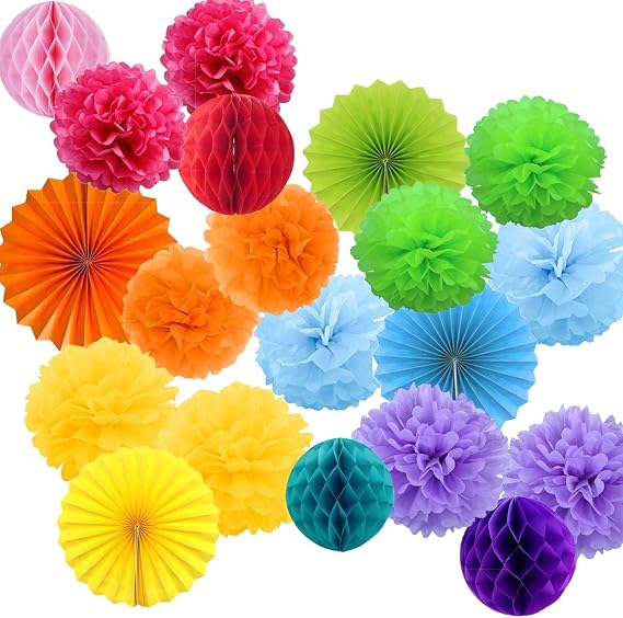 20 Pompoms Decoration Multicoloured Flowers Tissue Paper Pompom Fans Honeycomb Balls Garland Decoration Party Carnival and Birthday – 20 Pieces