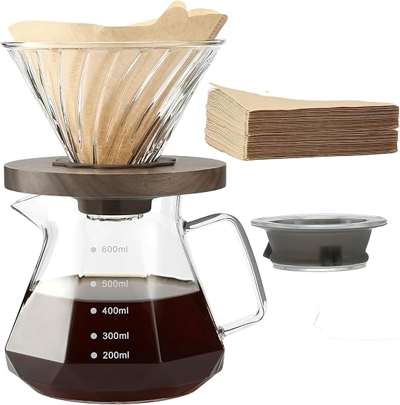 Lalord 20oz Borosilicate Drip Coffee Maker with V02 Paper Filter, 100 Sheets, Walnut Handle and Coffee Maker Lid, 600ml