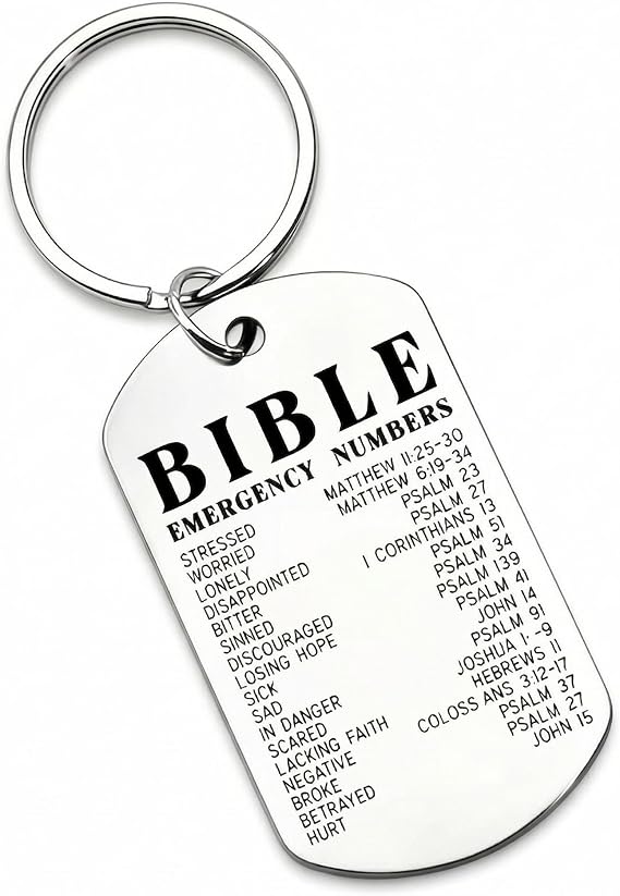 Stainless Steel Scripture Keychain with Bible Emergency Numbers, Silver Christian Faith Gift for Men and Women Daily Carry, Silver