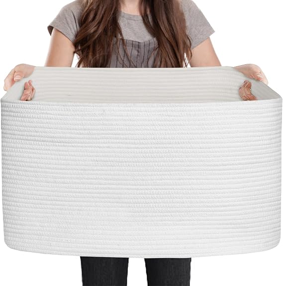 MEGASKET Extra Large White Storage Basket,#34; Rectangle, Woven Cotton Rope, Toy Bins, L Organizing Baskets, Wicker Laundry