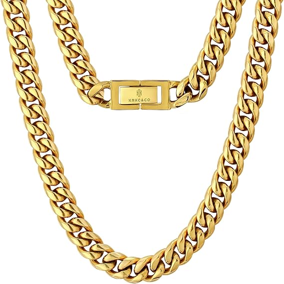 KRKC&CO Cuban Link Chain, 18K Gold Plated, Men's Gold Chain Men's Necklace Chains, 8mm 10mm 12mm Hip Pop Miami Cuban Chain Thick Curb Chains