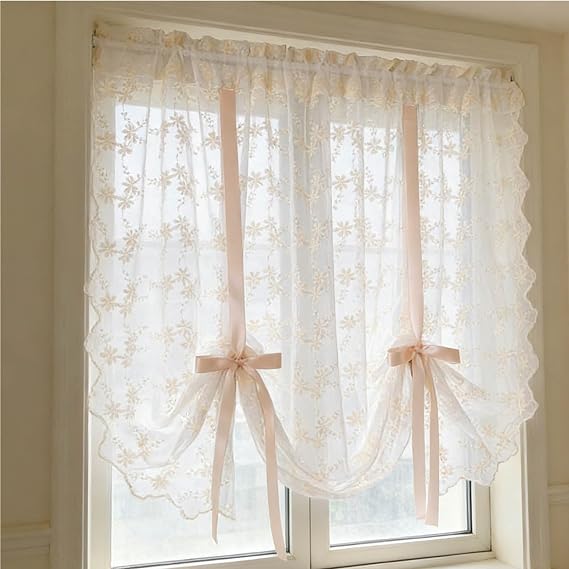 Maritown Kitchen Cafe Net Curtains Cream Floral Valances with Pink Ribbons