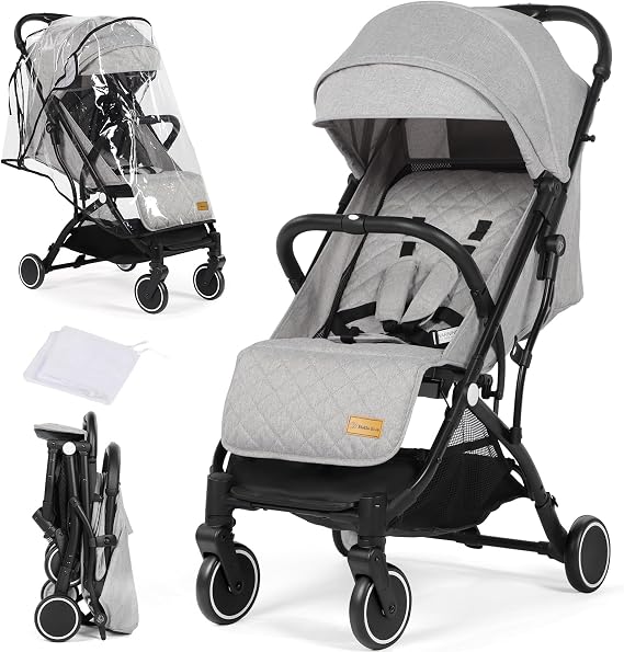 Hello-5ive Lightweight Travel Stroller Compact Baby Pushchair with Adjustable Seat, Mosquito Net, Rain Cover, One-Hand Folding Buggy with 5-Point Harness for Toddlers from Birth to 15kg (Light Grey)