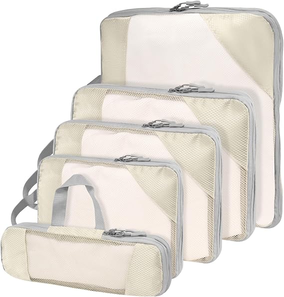Compression Packing Cubes for Suitcases, Luggage Organizer Bags Set, Lightweight Packing Organizers as Travel Accessories (Set of 5, Beige)