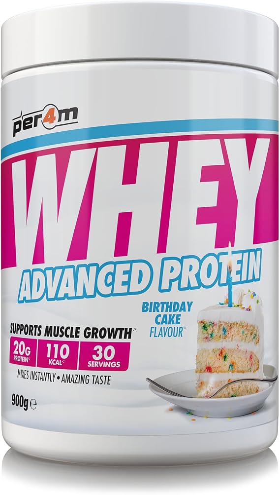 Per4m Whey Protein Powder | High Protein Shake for Muscle Growth & Recovery | Low Sugar Gym Supplement | Sports Nutrition Drink + Amino Acids (900g, Birthday Cake)