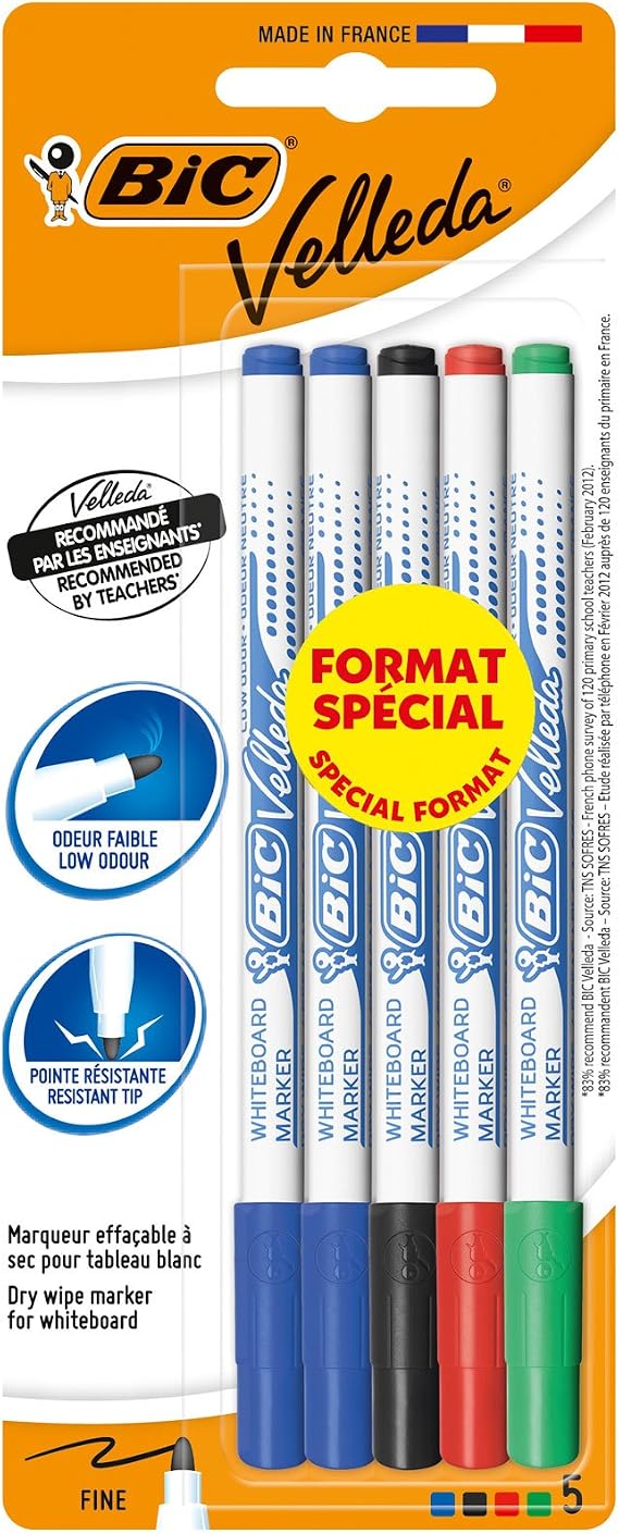 BIC Velleda 1721 Çocuk Beyaz Tahta Kalemi 5'li Blister, Mavi, Siyah,Kırmızı ve Yeşil Renk, Kolay Silinebilir