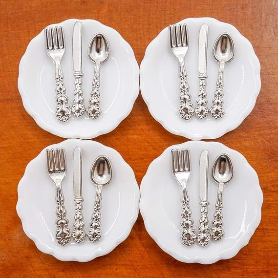 4 Pieces 1:12 Scale Miniature Dollhouse Plates and 12 Pieces Spoons Knives Forks Metal Tableware Kitchen Accessories Miniatures Porcelain Plate Set Dollhouse Decoration
