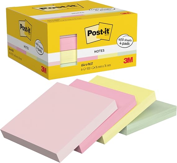 Post-it Notes, 4 Pads (400 Sheets), 76 x 76 mm, Blue, Green, Pink, Yellow