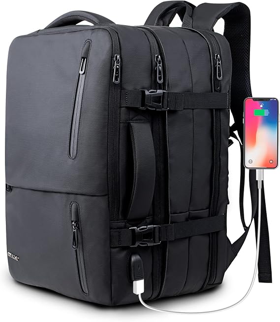 KINGSLONG Hand Luggage Travel Backpack 35L Laptop Men's Backpack 17 Inch Business Backpack Waterproof Expandable Theft Proof with USB Charging Port Flight Approved Cabin Backpack Travel Black