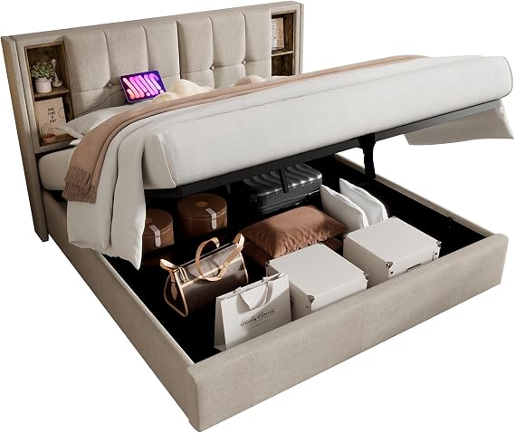 Upholstered Bed Frame with Wireless Charging Pad, Hydraulic Lift Storage Platform, USB & Type-C Charging Ports on Headboard, Built-in Shelving, Linen Fabric, Metal Frame Support (Beige,Double)