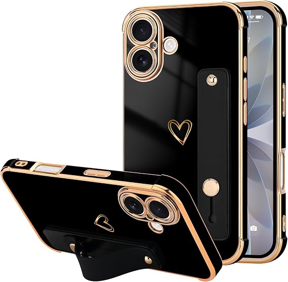 LLZ.COQUE for iPhone 17 Case Hand Strap Plating Heart, Black