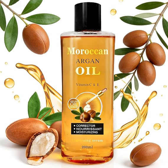 Moroccan Argan Oil 100% Pure Organic with Vitamin C+E - Cold Pressed for Hair, Skin & Body, Moisturizer for Damaged, Frizzy Hair & Dry Skin