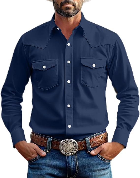 Men's Two Pocket Long Sleeve Button Work Shirt Vintage Solid Color Lapel Shirt Slim Fit Men's Casual Shirts Cowboy Cut Western Style