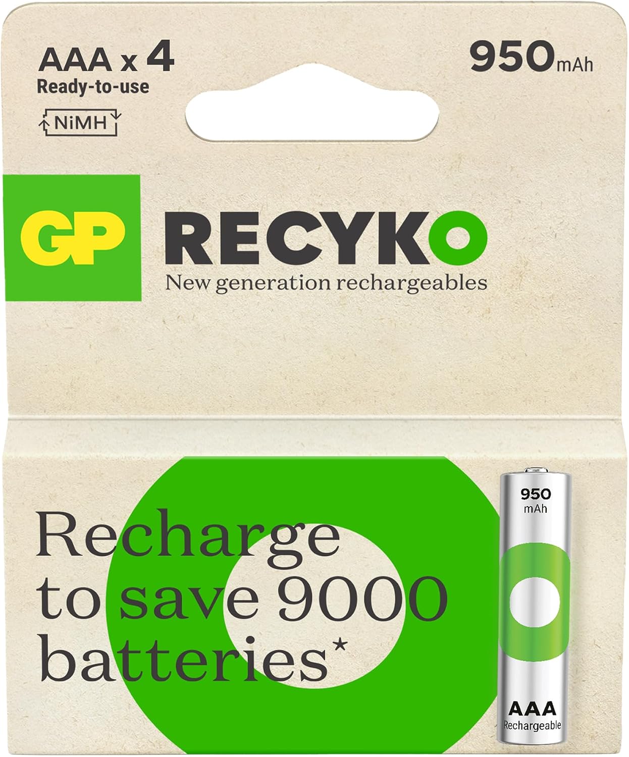 GP Batteries Recyko 950 AAA İnce Kalem Ni-Mh Şarjlı Pil, 1.2 Volt, 4lü Kart