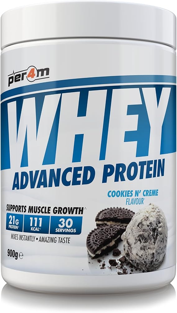 Per4m Whey Protein Powder | High Protein Shake for Muscle Growth & Recovery | Low Sugar Gym Supplement | Sports Nutrition Drink + Amino Acids (900g, Cookies N Creme)