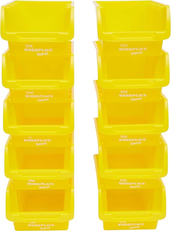 The Workplace Depot Plastic Picking Bins, Semi Open Fronted Stackable Parts Storage Pick Containers (Yellow)