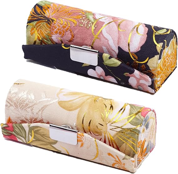 2-Pack Woven Satin Lipstick Organizer Case with Mirror, Retro Floral Cosmetic Storage Box - Classic Lipstick Holder for Women & Girls (2 Styles)